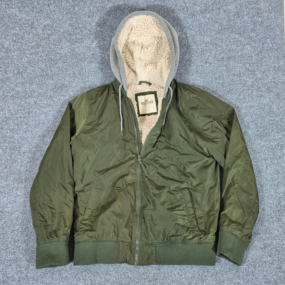 Y2K Hollister Mens Large Olive Green Sherpa Lined Hooded Bomber Jacket Nylon Zip